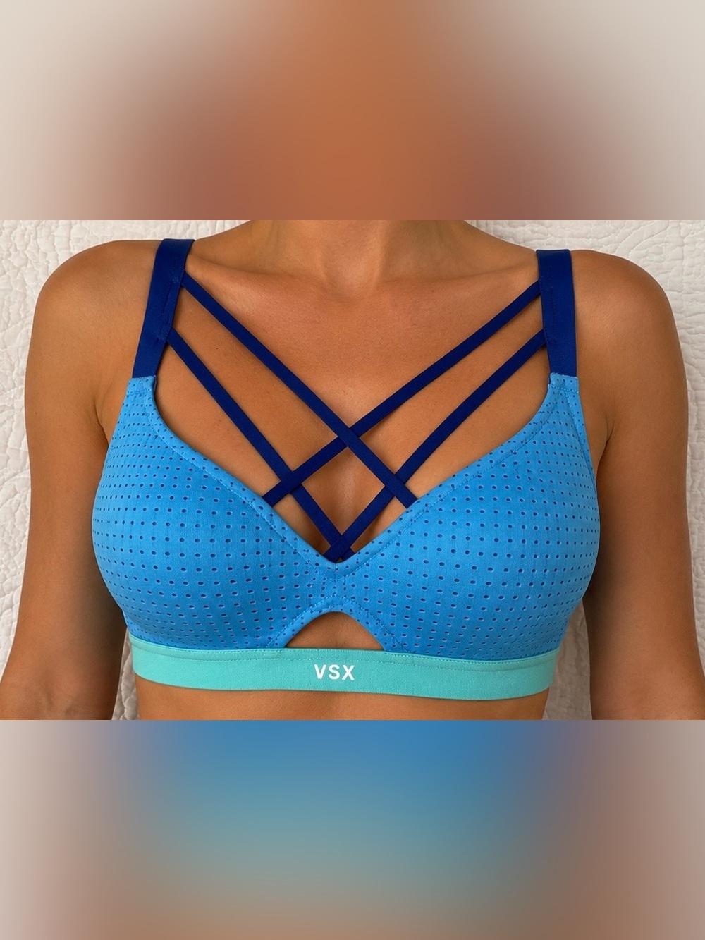 VSX Sport Strappy Sports Bra Blue Aqua 34A Victoria’s Secret Athleisure Gym Yoga
